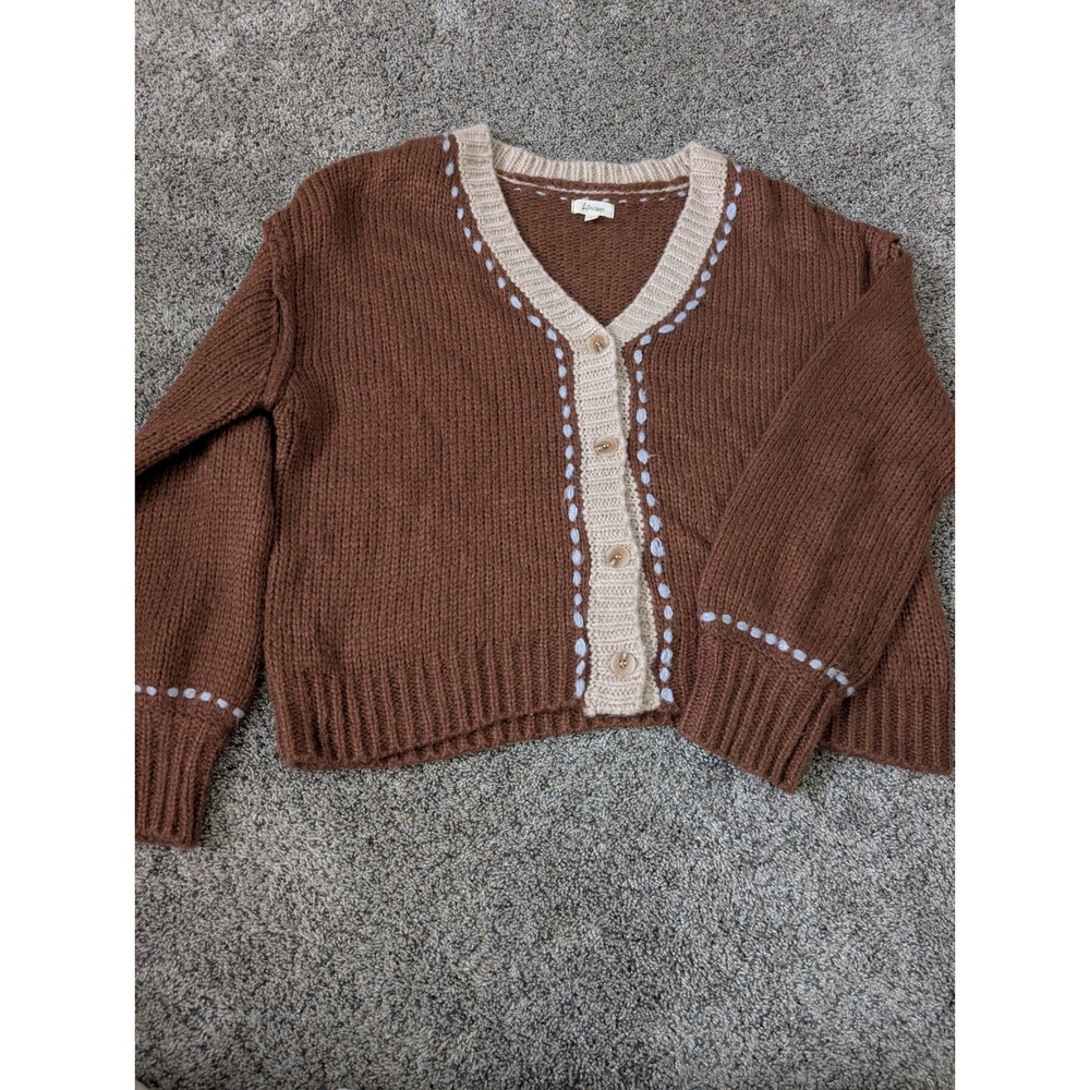 Bittersweet Brown Chunky Knit Whipstitch Cardigan Sweater Cream Trim Large‎ NWOT